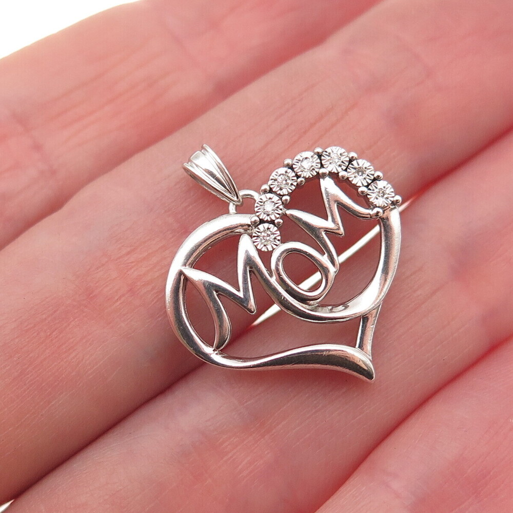 Richline 925 Sterling Silver Real Round-Cut Diamond Mom Heart Charm Pendant